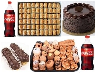 Dolu Dolu Tatlı Sepeti 1 kg Baklava Pasta Ekler Kuru Pasta ve Kola pasta
